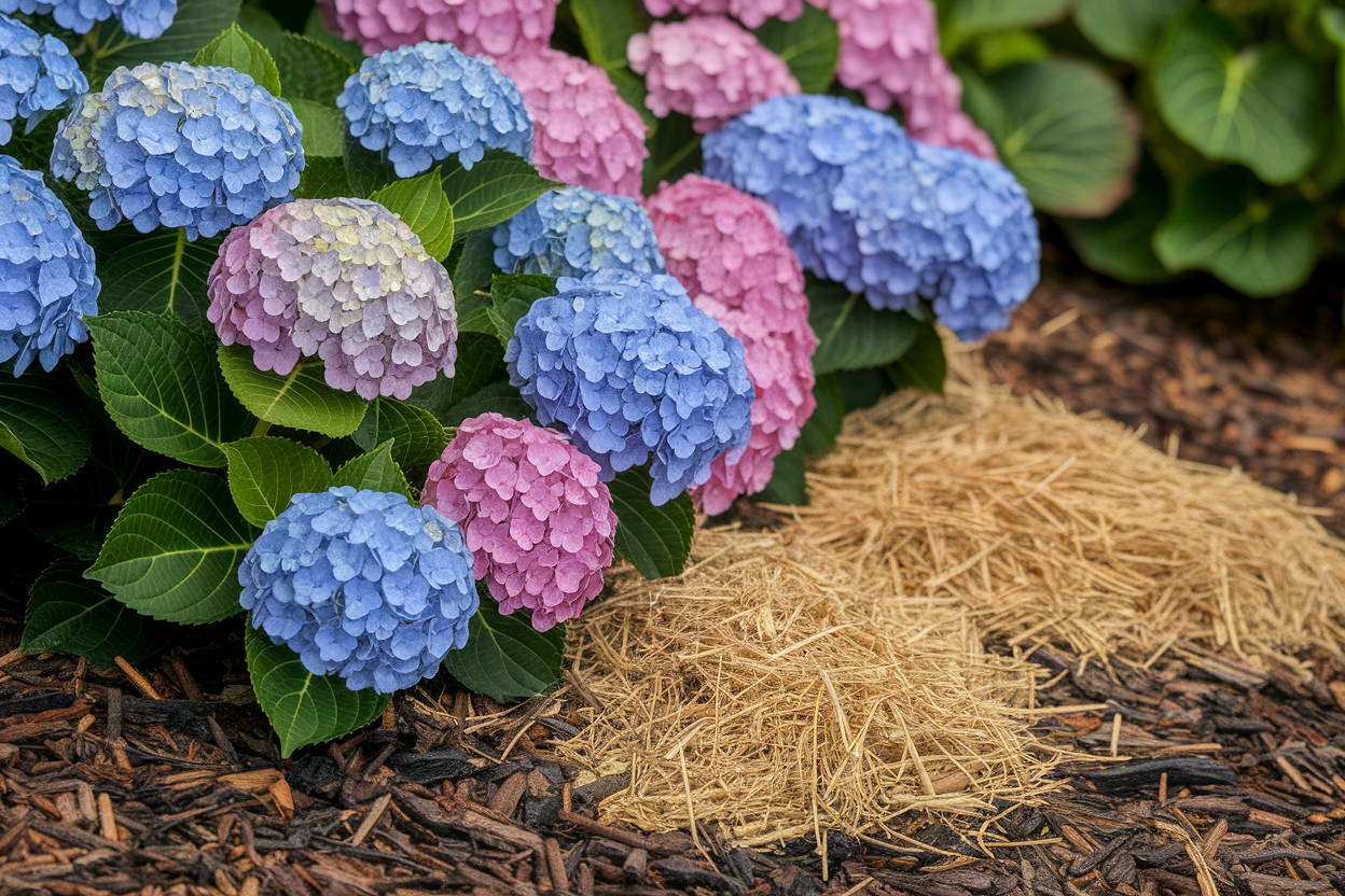 gros-plan-hortensia-bleu-rose-paillis