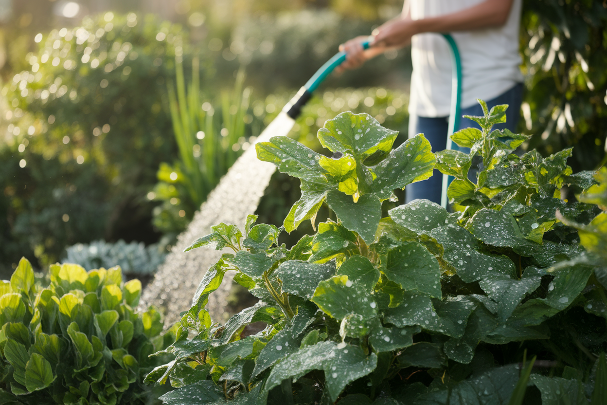 jardin-vert-rosee-personne-arrosant