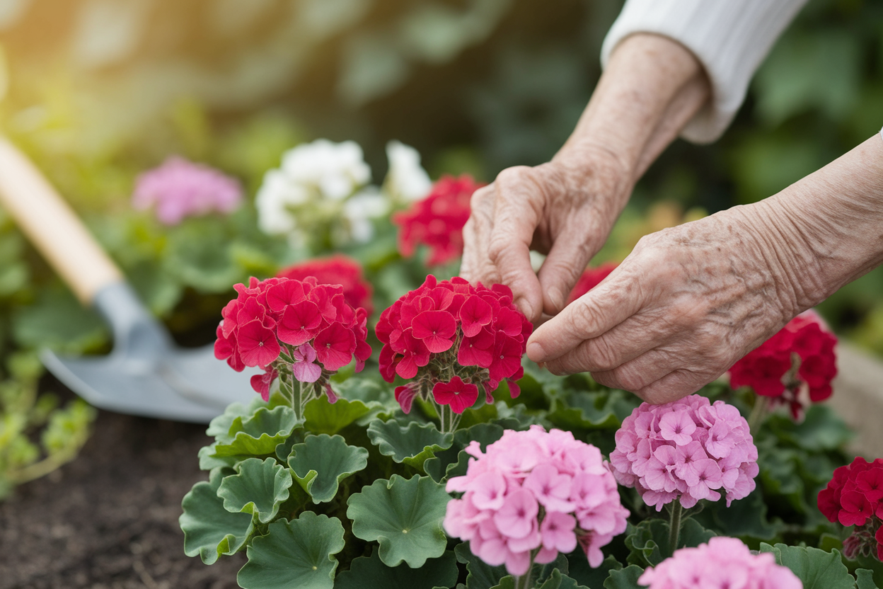 mains-agees-geraniums-rouges-jardin