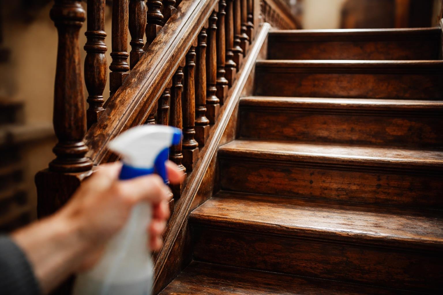 escalier-bois-main-vaporisateur-flou