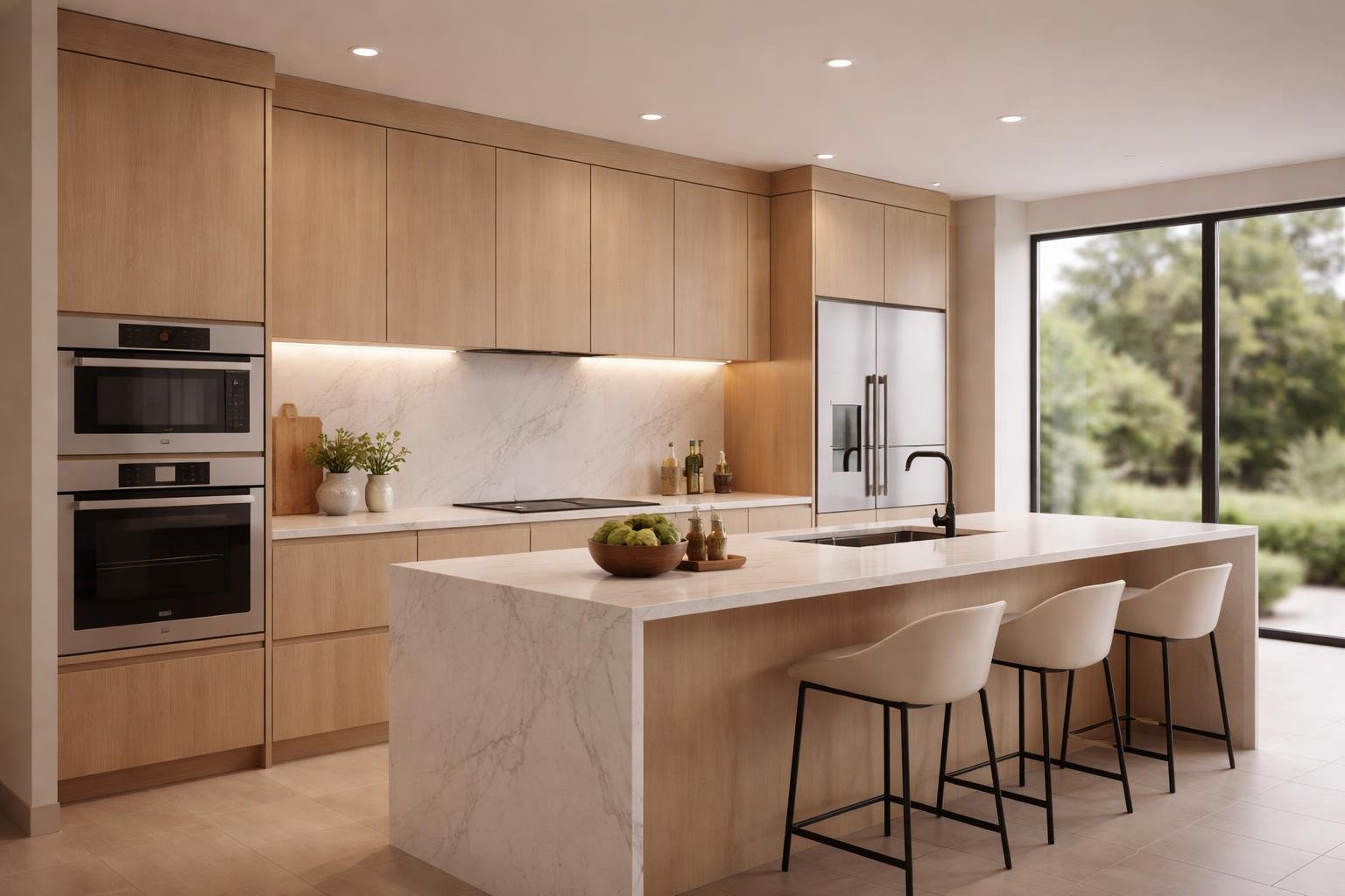 cuisine-moderne-bois-marbre-jardin