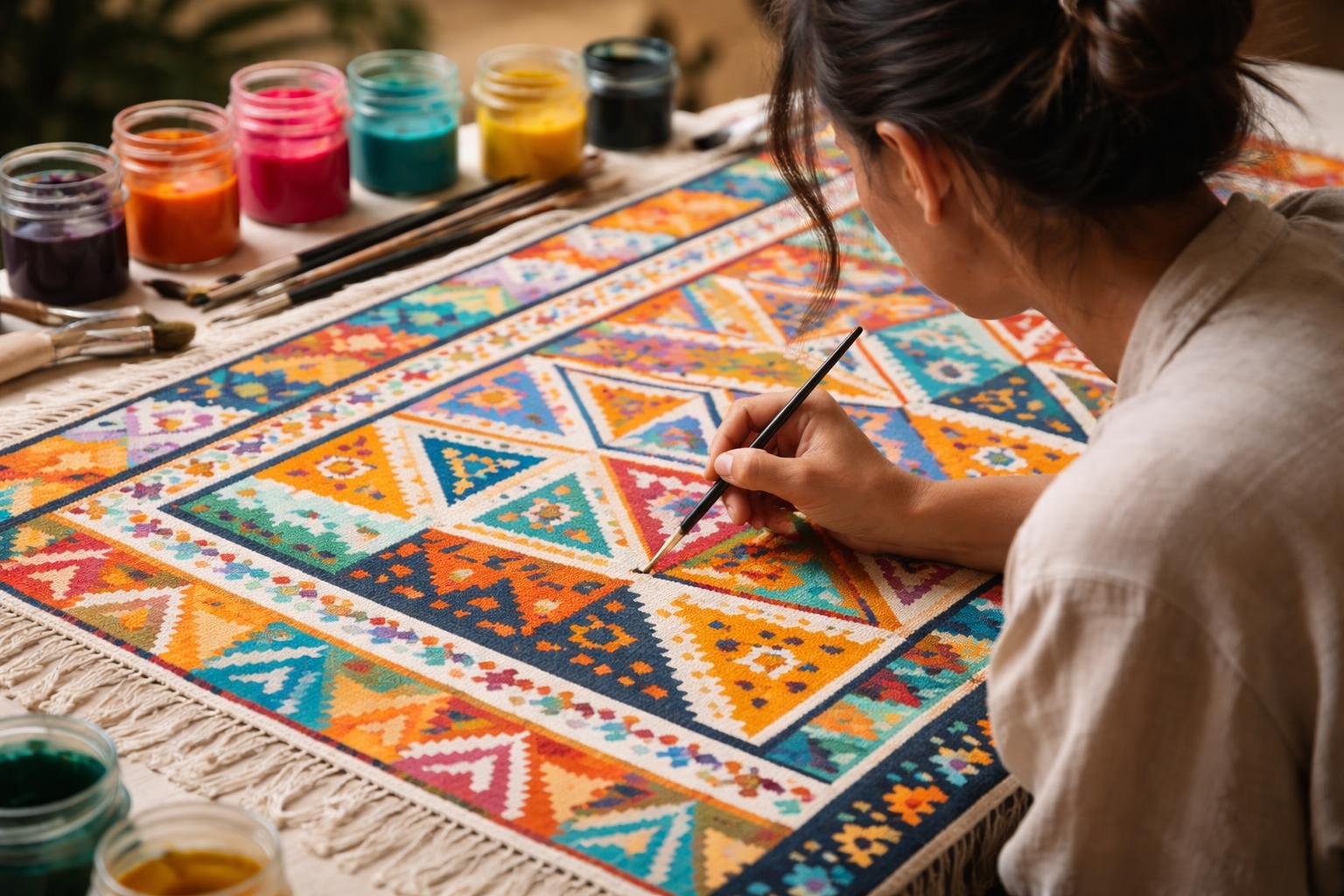 tapis-geometriques-colorés-teinture-pinceaux