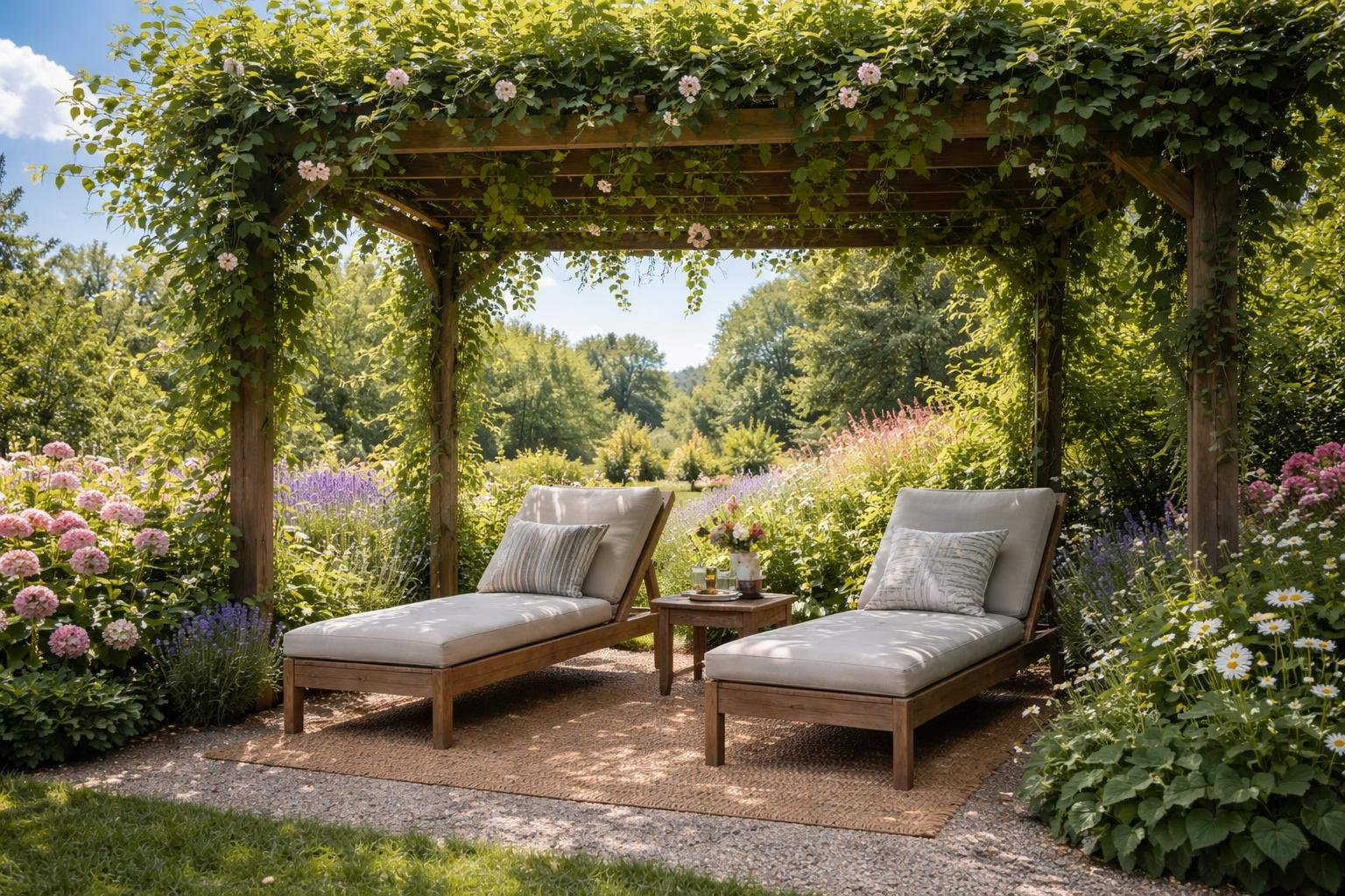 pergola-plantes-chaises-longues-fleurs-colorées