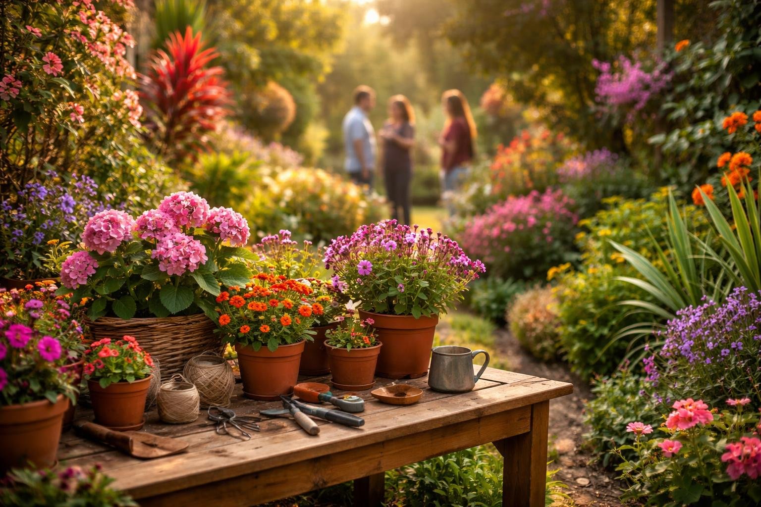 jardin-fleurs-plantes-table-bois