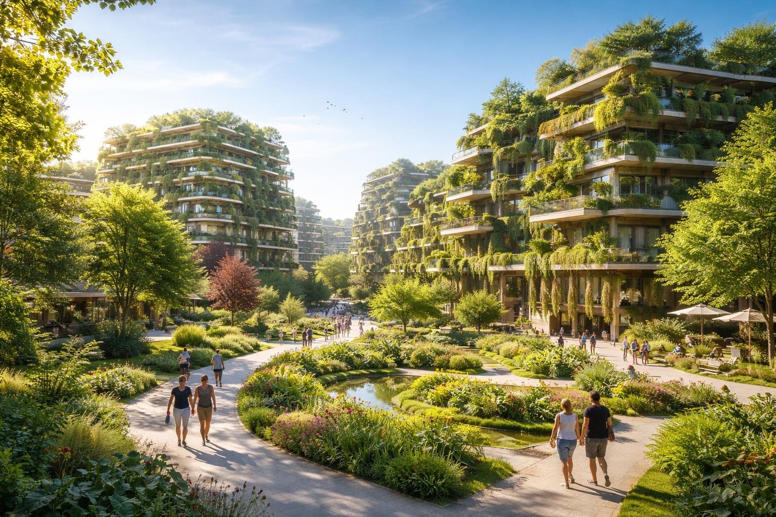 ecoquartier-batiments-vegetation-ciel-bleu