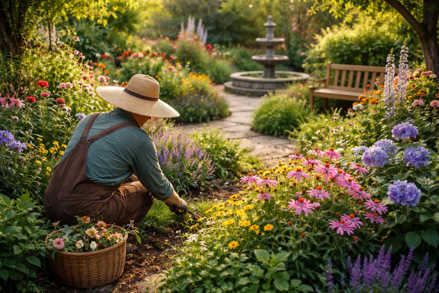 jardinier-chapeau-paille-fleurs-fontaine