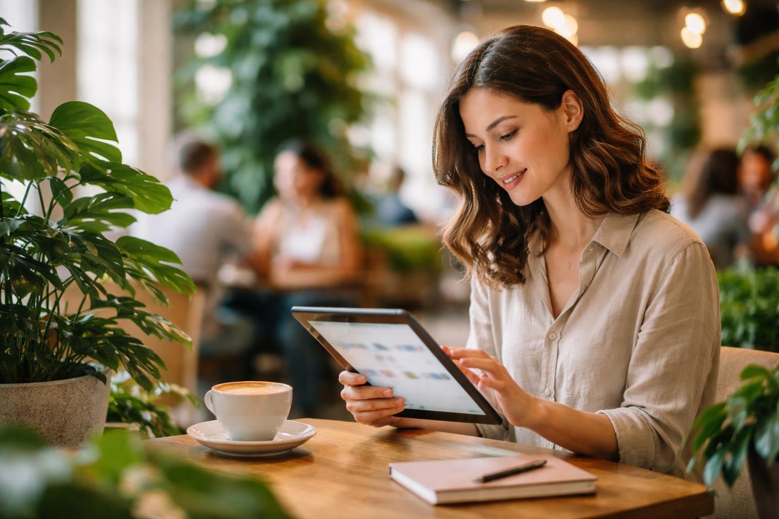 personne-cafe-plantes-tablette-application