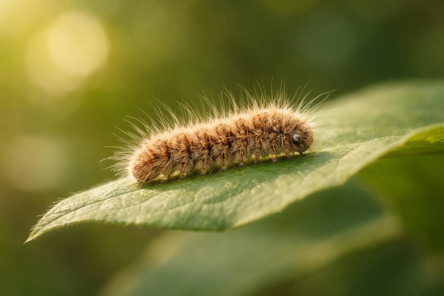 chenille-marron-feuille-verte-lumiere